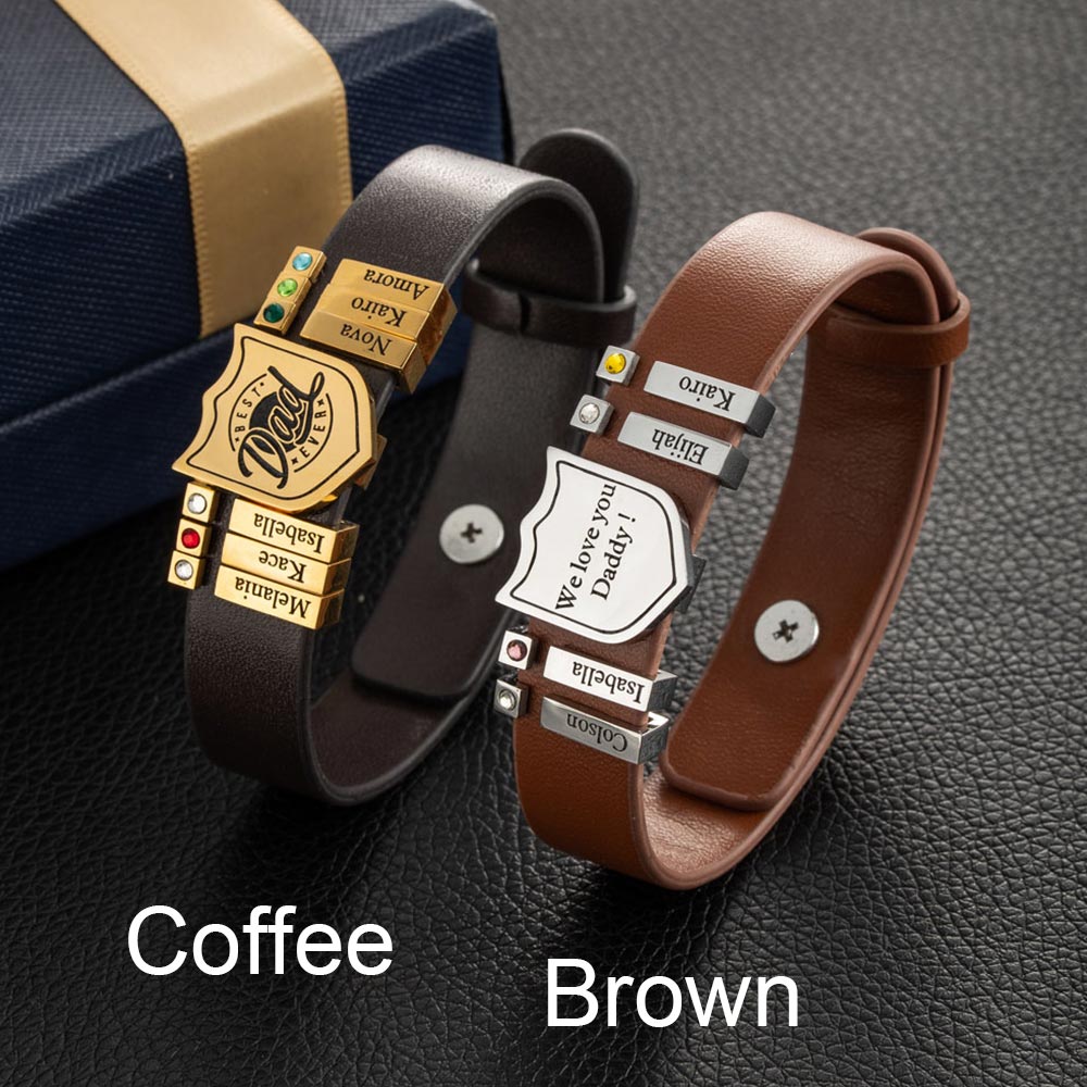 Custom Leather Shield Bracelet – Family Names (1–20)