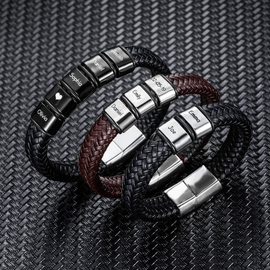 Men’s Custom Beaded Leather Bracelet – Personalized Gift
