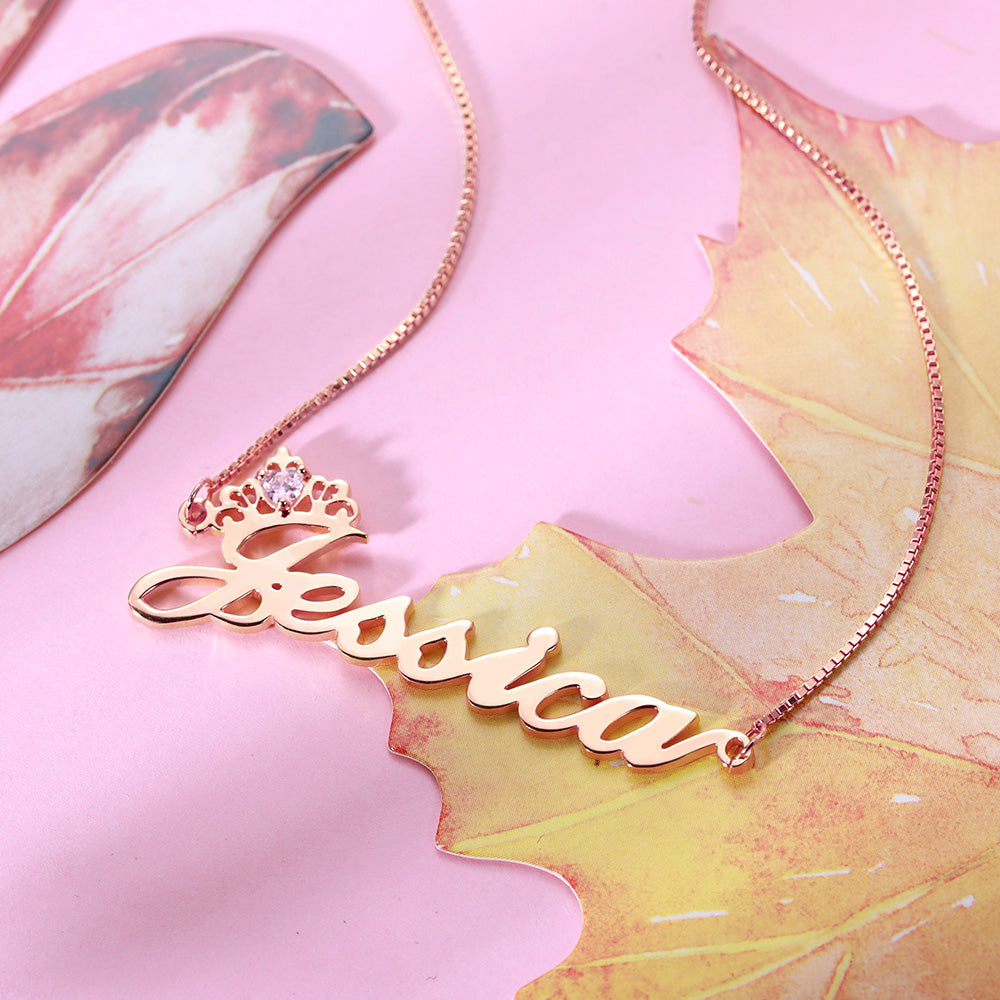 Silver Crown Name Necklace with Birthstone – Custom Jewelry