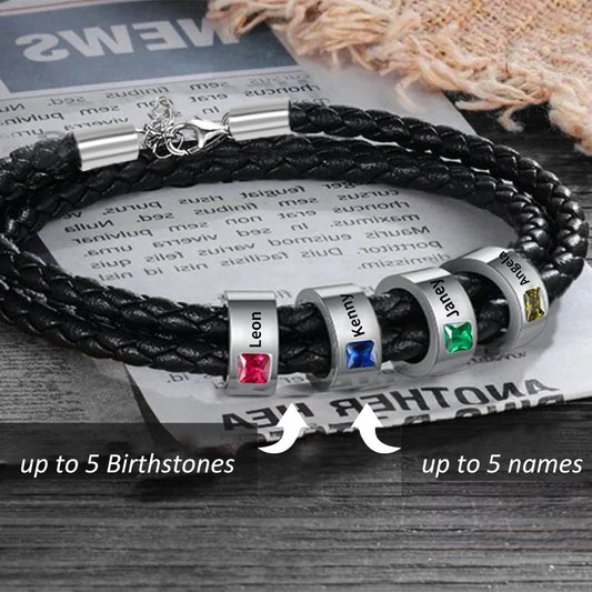 Name & Birthstone Leather Bracelet – Gift for Him