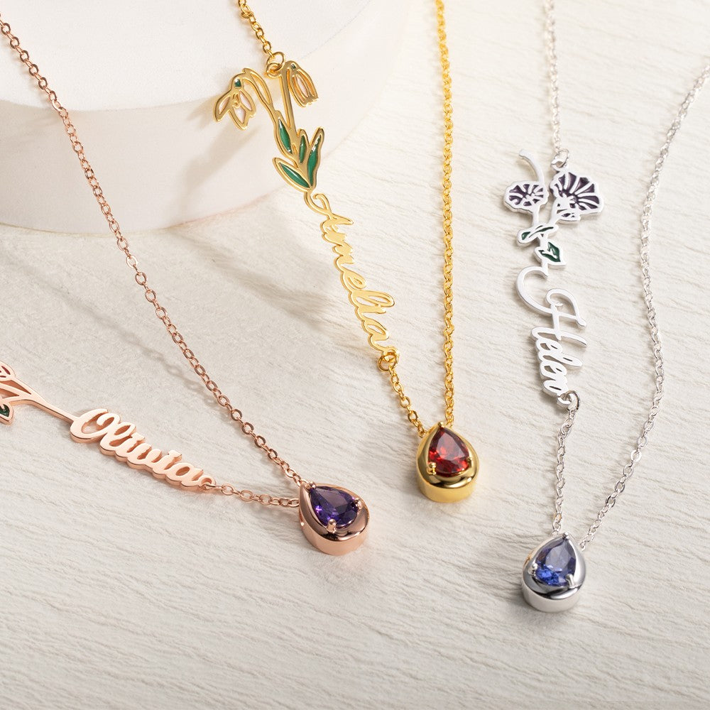 Birth Flower & Stone Name Necklace – 925 Silver Custom Gift