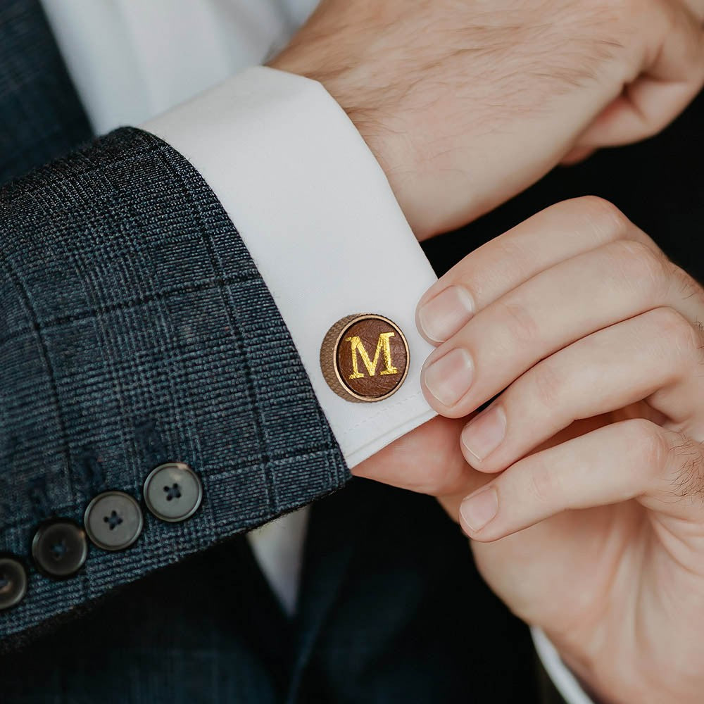 Brass Initial Leather Cufflinks – Monogram Gift for Him