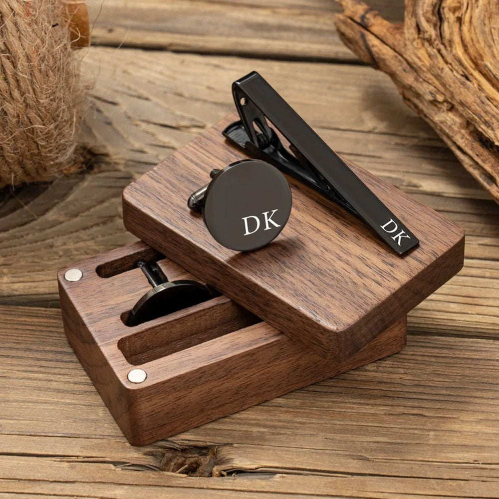 Custom Cufflinks & Tie Clip Set with Wooden Box – Gift for Men