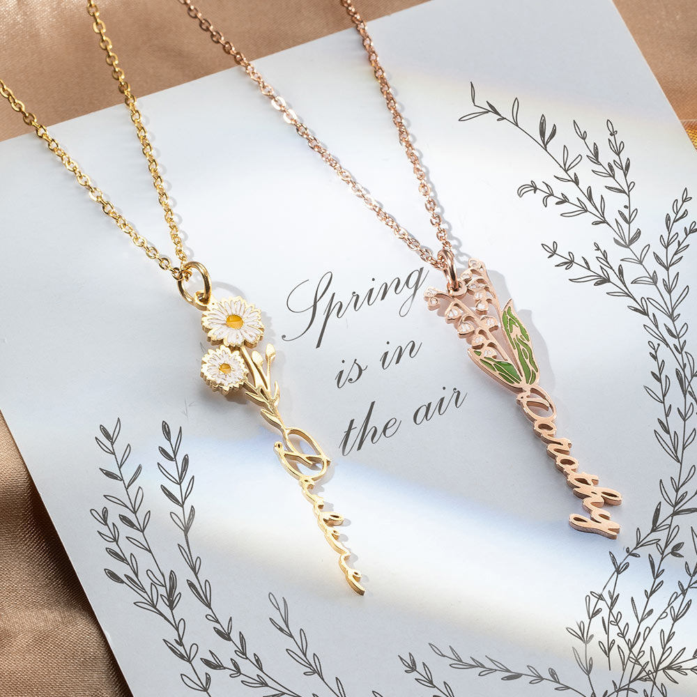Custom Birth Flower Name Necklace