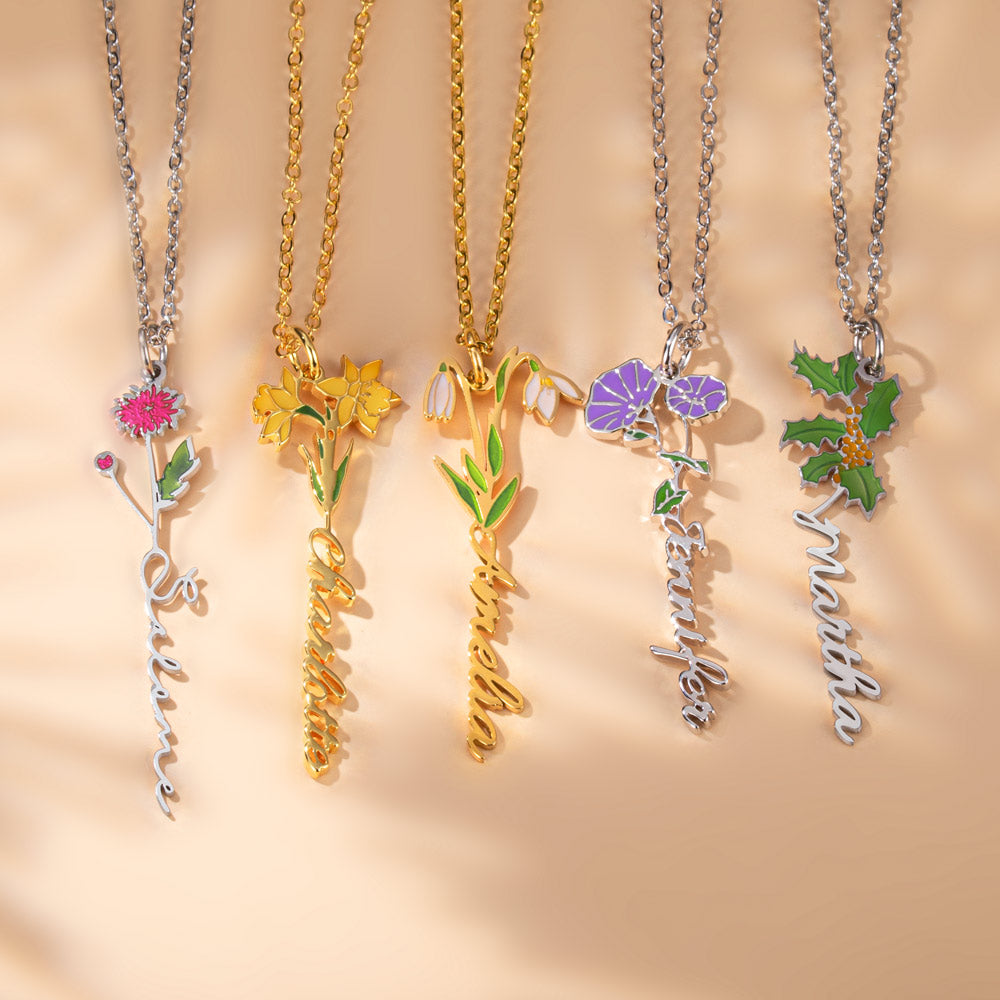 Custom Birth Flower Name Necklace