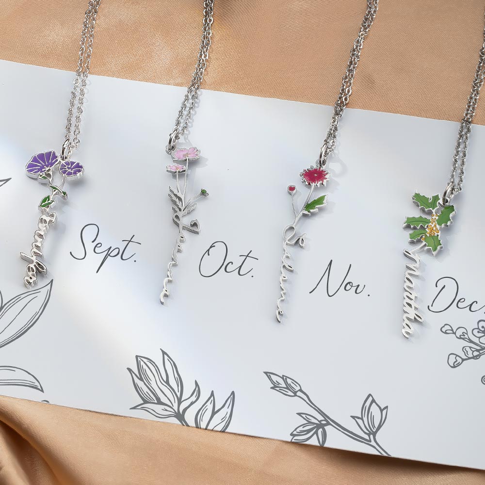 Custom Birth Flower Name Necklace