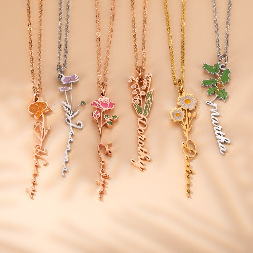 Custom Birth Flower Name Necklace