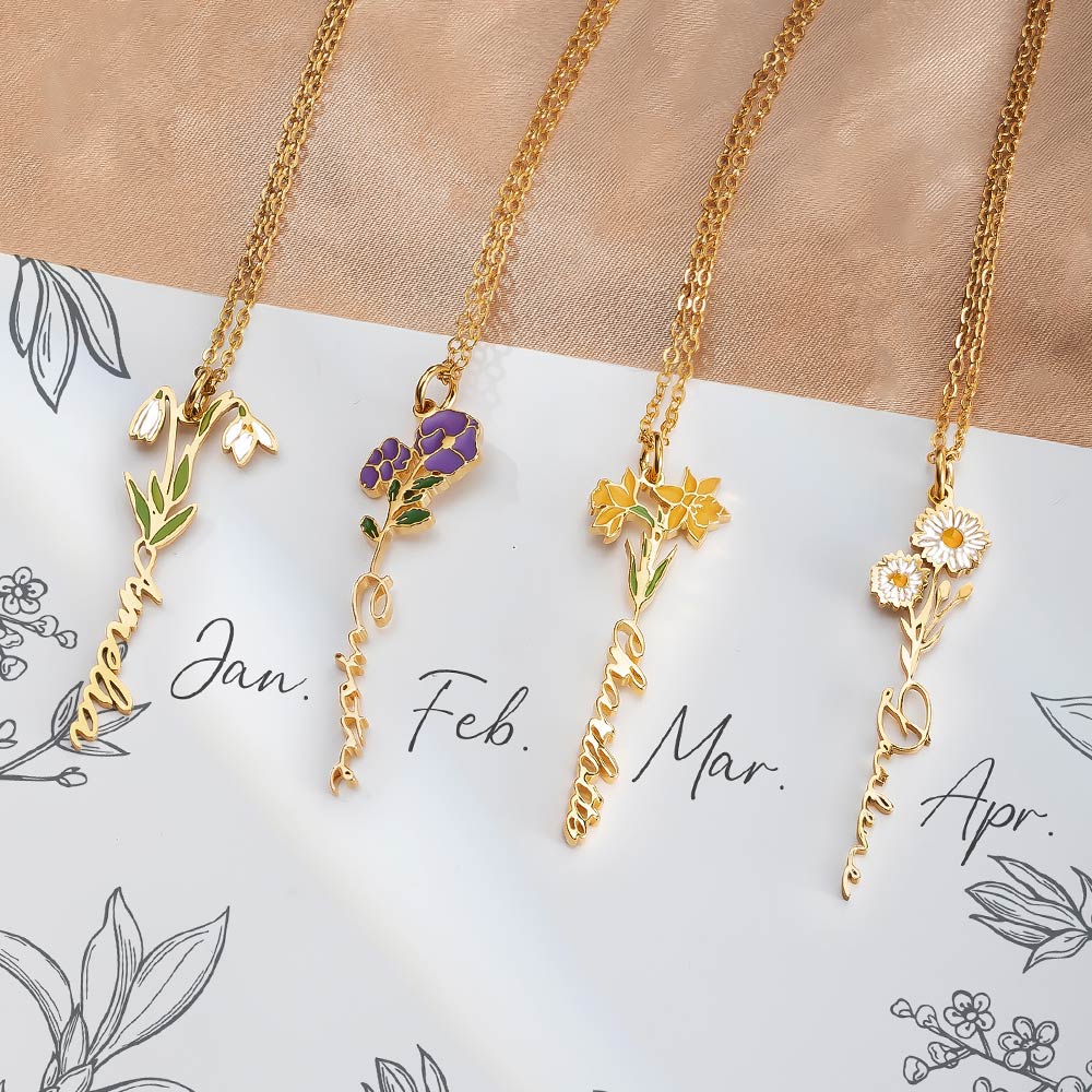 Custom Birth Flower Name Necklace
