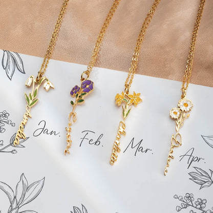 Custom Birth Flower Name Necklace