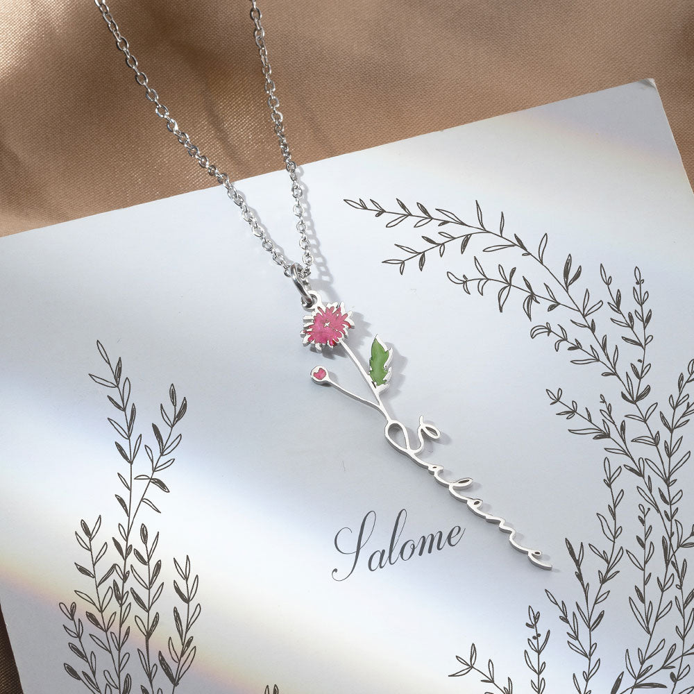 Custom Birth Flower Name Necklace