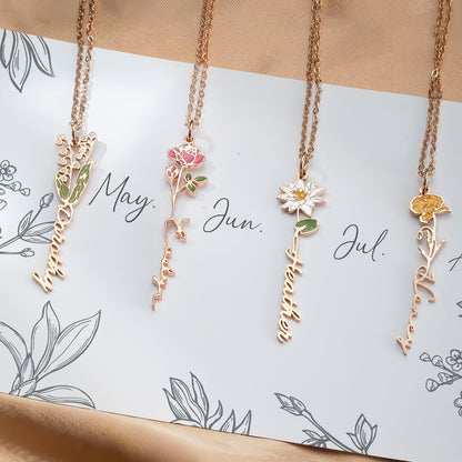 Custom Birth Flower Name Necklace