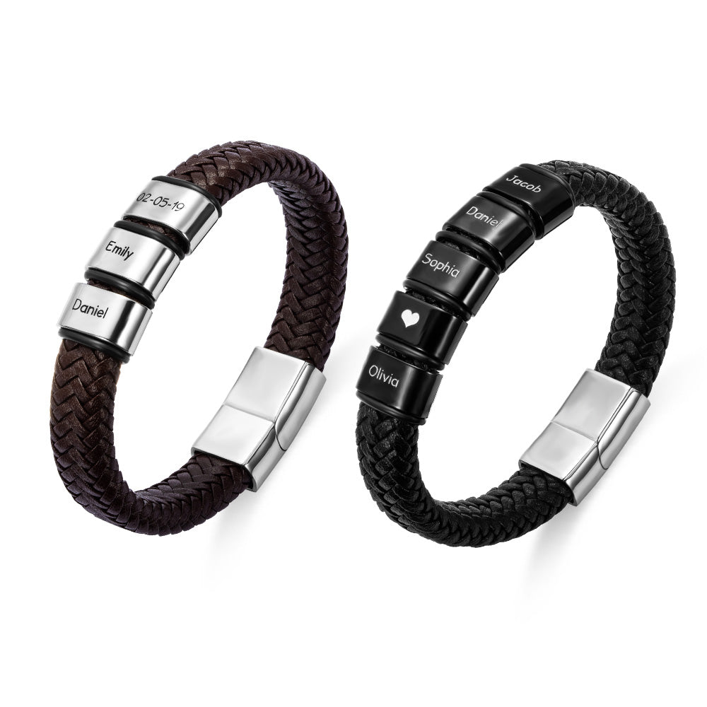 Men’s Custom Beaded Leather Bracelet – Personalized Gift