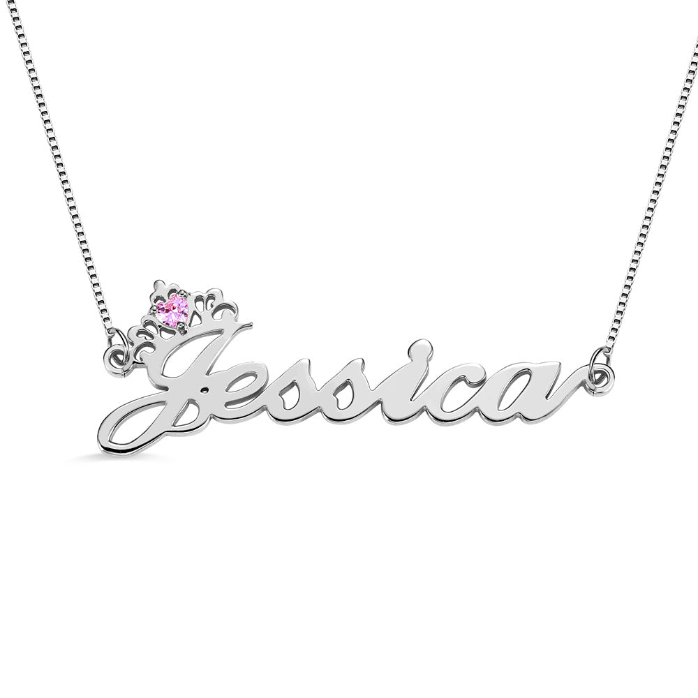 Silver Crown Name Necklace with Birthstone – Custom Jewelry