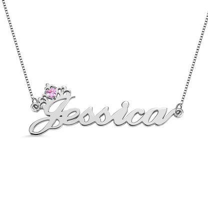 Silver Crown Name Necklace with Birthstone – Custom Jewelry