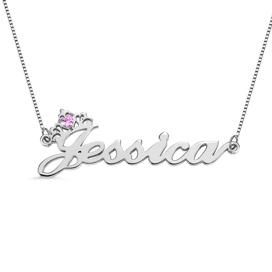 Silver Crown Name Necklace with Birthstone – Custom Jewelry