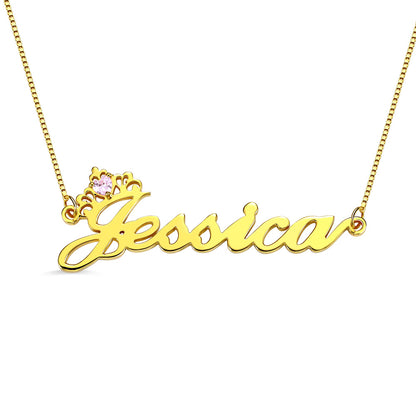 Silver Crown Name Necklace with Birthstone – Custom Jewelry