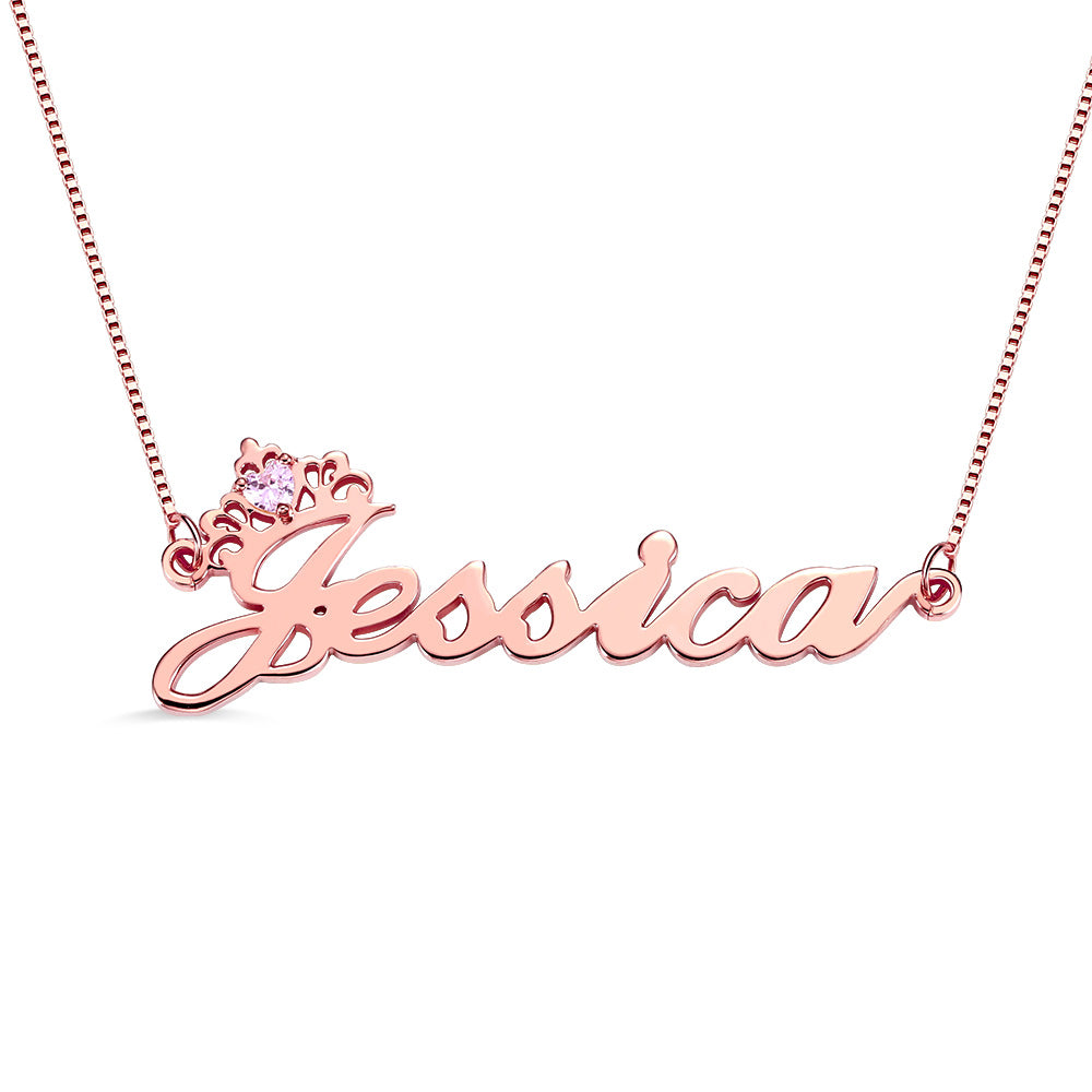 Silver Crown Name Necklace with Birthstone – Custom Jewelry