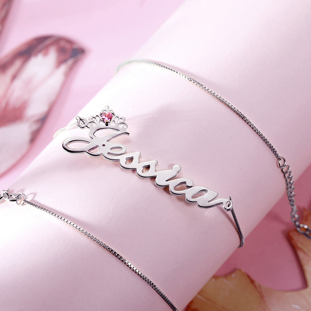 Silver Crown Name Necklace with Birthstone – Custom Jewelry