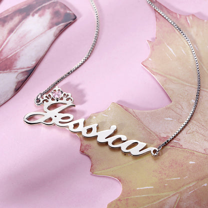 Silver Crown Name Necklace with Birthstone – Custom Jewelry