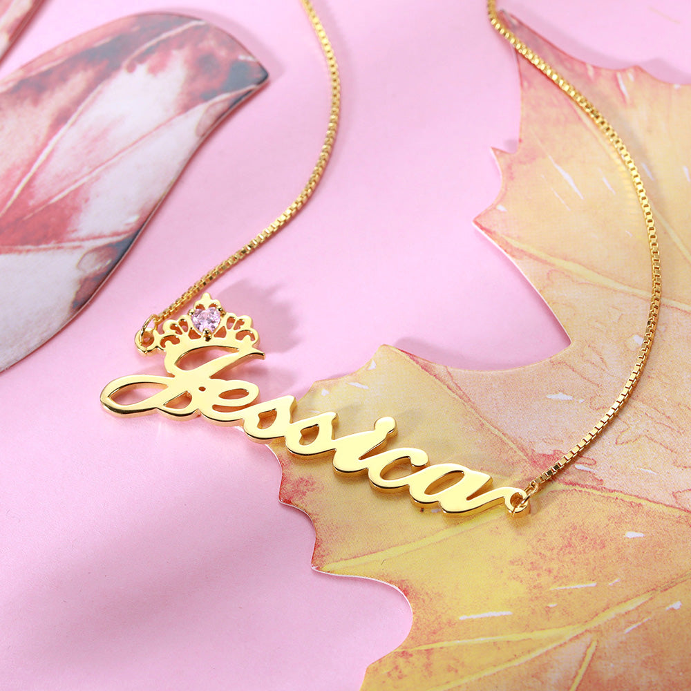 Silver Crown Name Necklace with Birthstone – Custom Jewelry