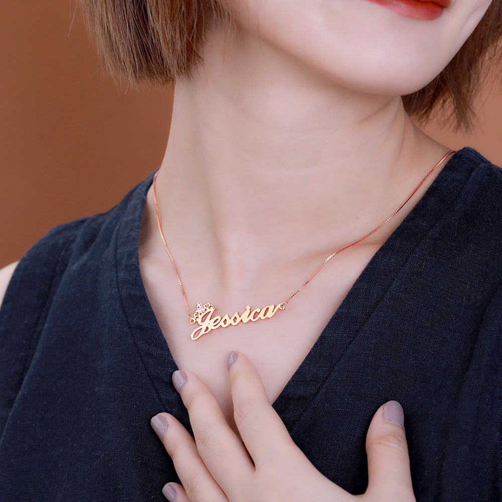 Silver Crown Name Necklace with Birthstone – Custom Jewelry