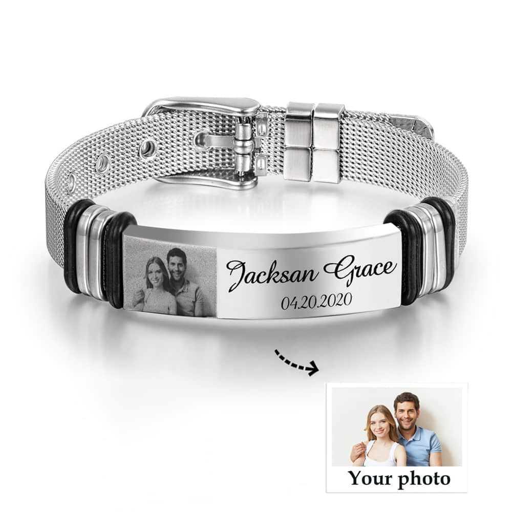 Men’s Photo ID Bracelet – Personalized Engraved Bar