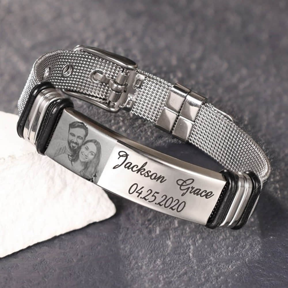 Men’s Photo ID Bracelet – Personalized Engraved Bar