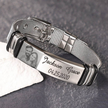 Men’s Photo ID Bracelet – Personalized Engraved Bar