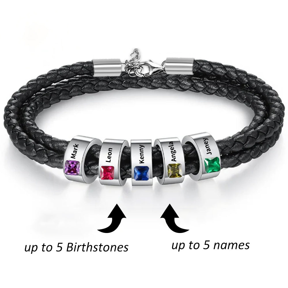 Name & Birthstone Leather Bracelet – Gift for Him