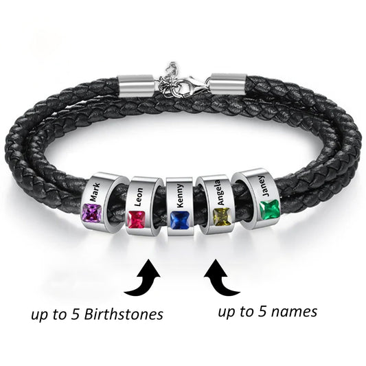 Name & Birthstone Leather Bracelet – Gift for Him