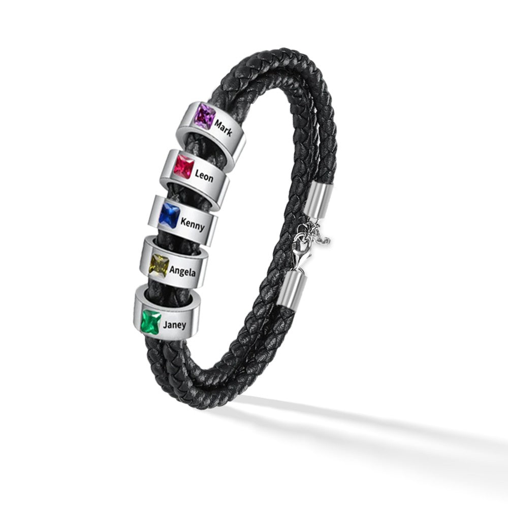 Name & Birthstone Leather Bracelet – Gift for Him