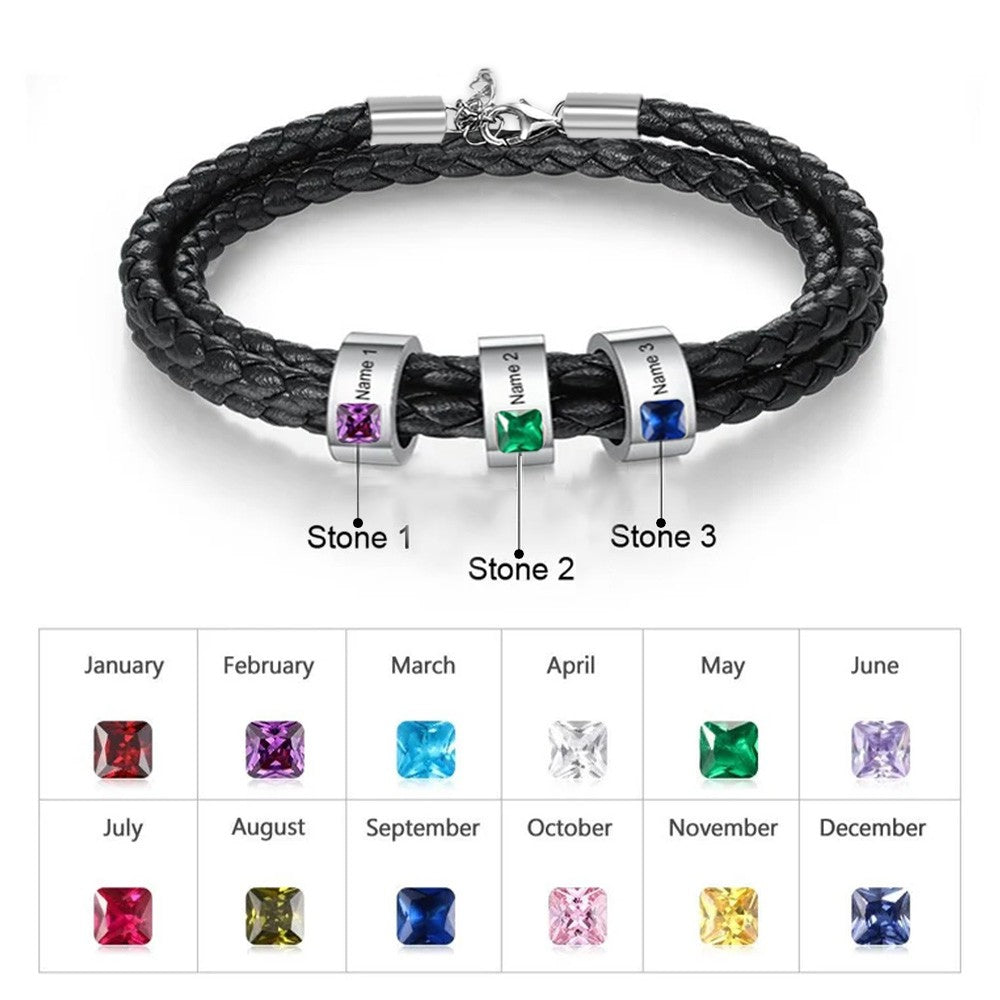 Name & Birthstone Leather Bracelet – Gift for Him