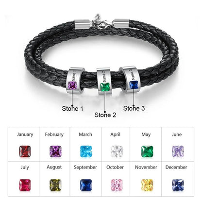 Name & Birthstone Leather Bracelet – Gift for Him