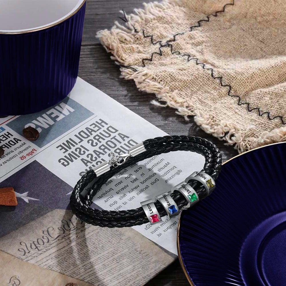 Name & Birthstone Leather Bracelet – Gift for Him