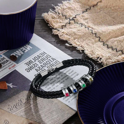 Name & Birthstone Leather Bracelet – Gift for Him