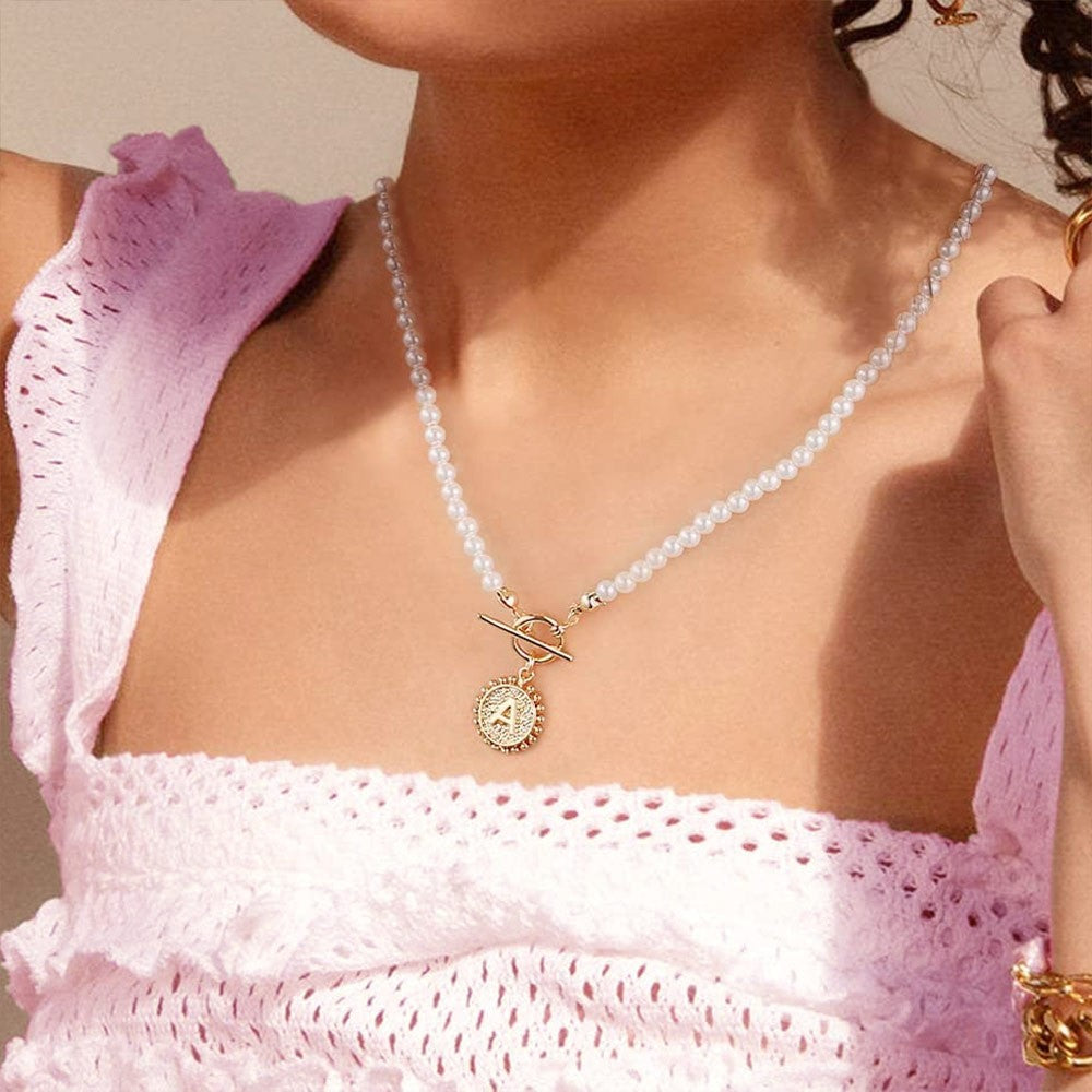 Initial Pearl Coin Necklace – Retro Shell Choker for Women