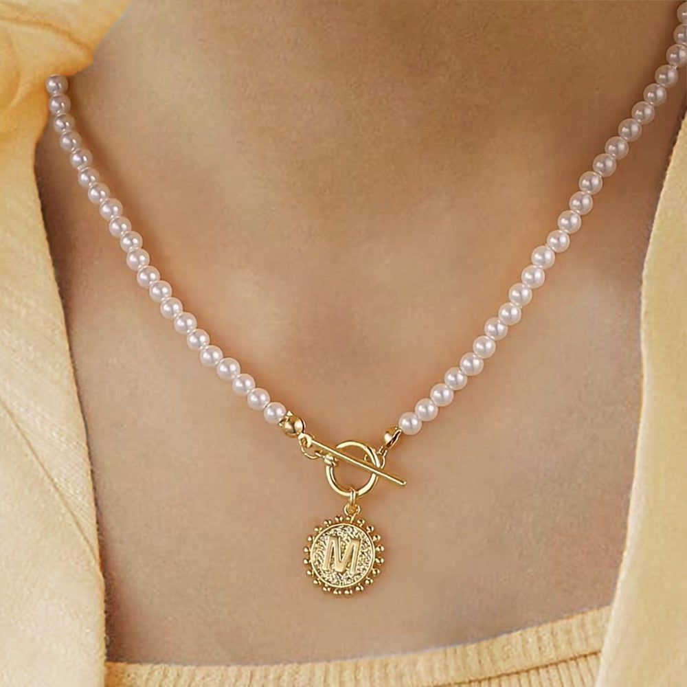 Initial Pearl Coin Necklace – Retro Shell Choker for Women