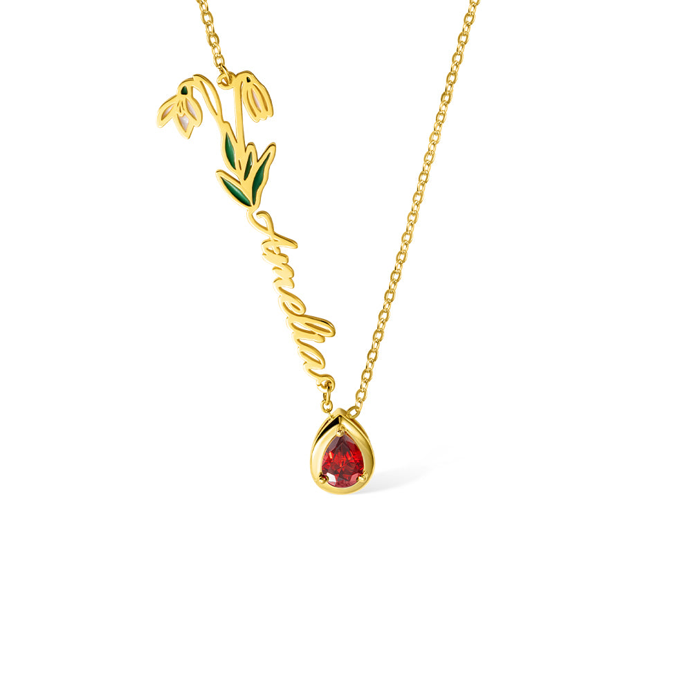 Birth Flower & Stone Name Necklace – 925 Silver Custom Gift