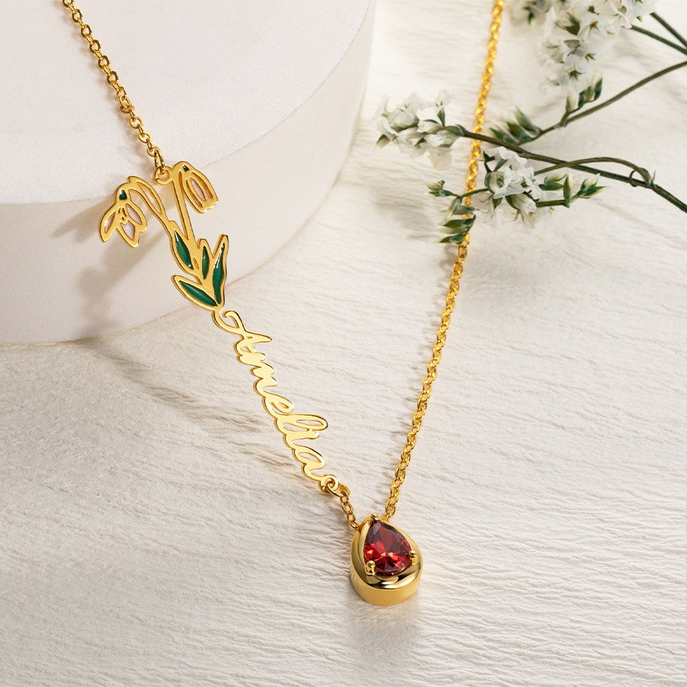 Birth Flower & Stone Name Necklace – 925 Silver Custom Gift
