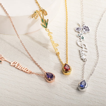 Birth Flower & Stone Name Necklace – 925 Silver Custom Gift