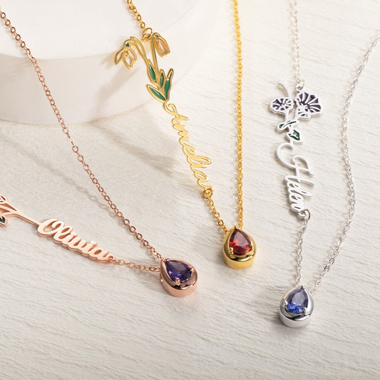 Birth Flower & Stone Name Necklace – 925 Silver Custom Gift
