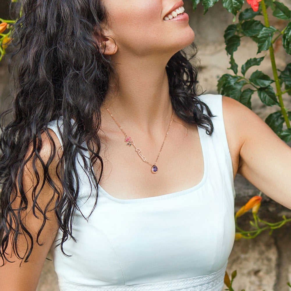 Birth Flower & Stone Name Necklace – 925 Silver Custom Gift
