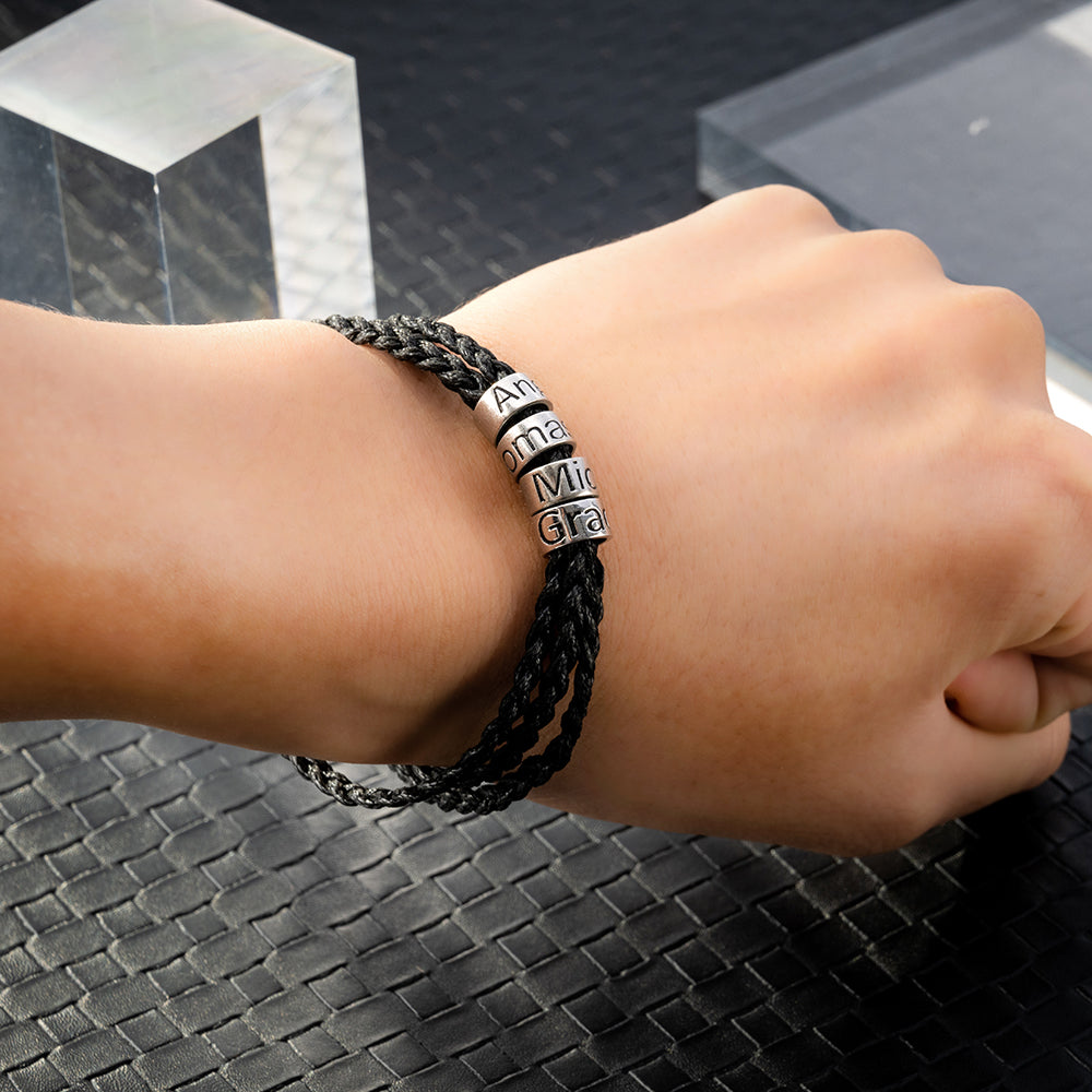 Personalised Silver Beaded Bracelet for Men – Custom Gift