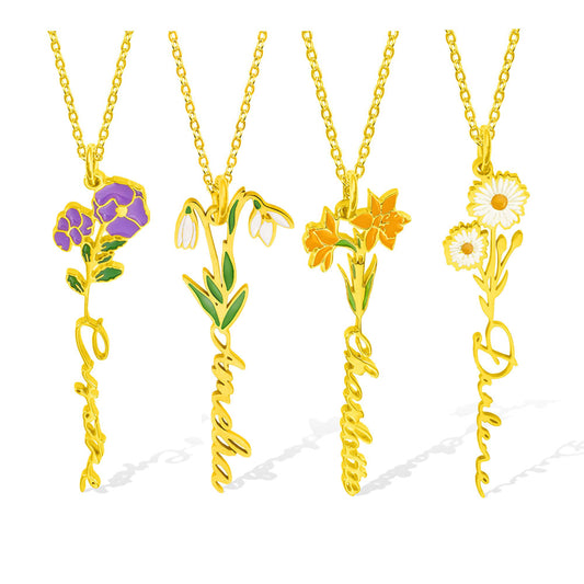 Custom Birth Flower Name Necklace